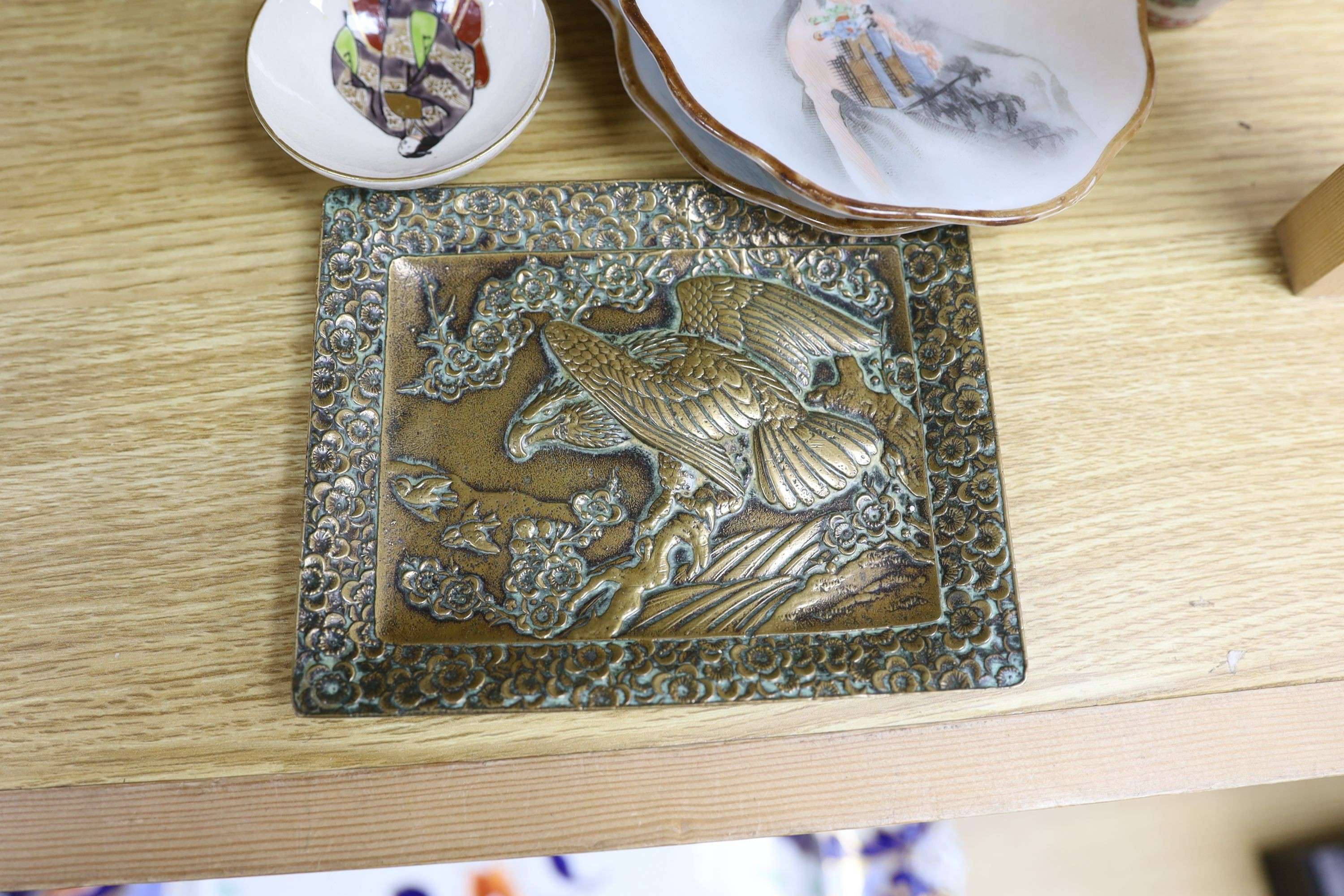 Assorted Japanese and Chinese items including a Japanese bronze square dish
